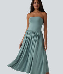 Tube Ruched Flowy Midi Casual Dress
