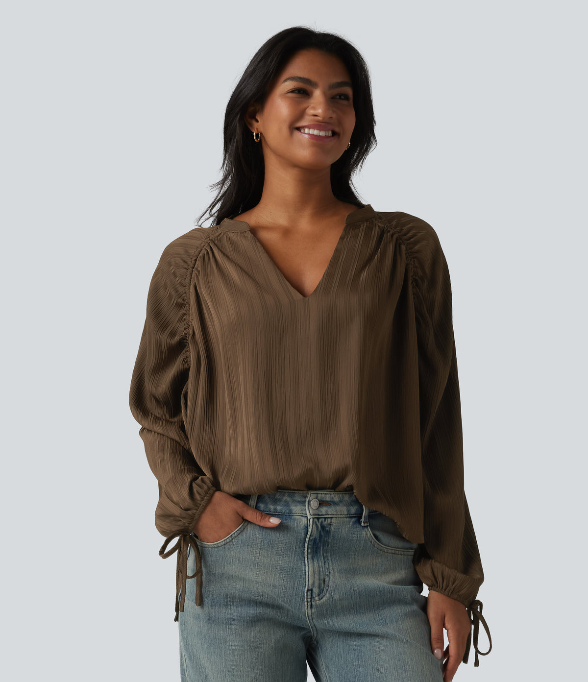 V Neck Bishop Long Sleeve Casual Blouse