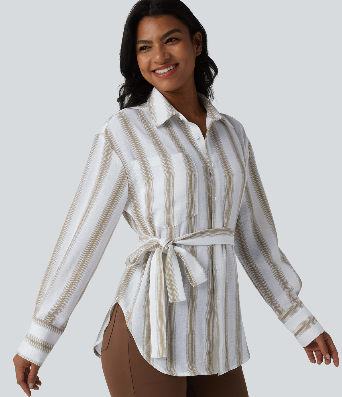 Long Sleeve Belted Curved Hem Stripe Work Linen-Feel Shirt with Pocket