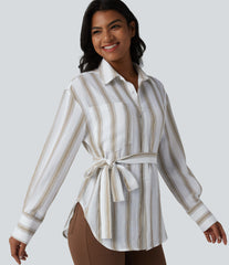 Long Sleeve Belted Curved Hem Stripe Work Linen-Feel Shirt with Pocket