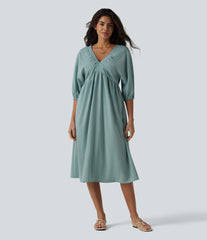 V Neck 3/4 Sleeve Midi Casual Linen-Feel Dress with Pockets