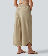 High Waisted Wide Leg Curved Hem Cropped Casual Stretch Linen Pants with Pockets