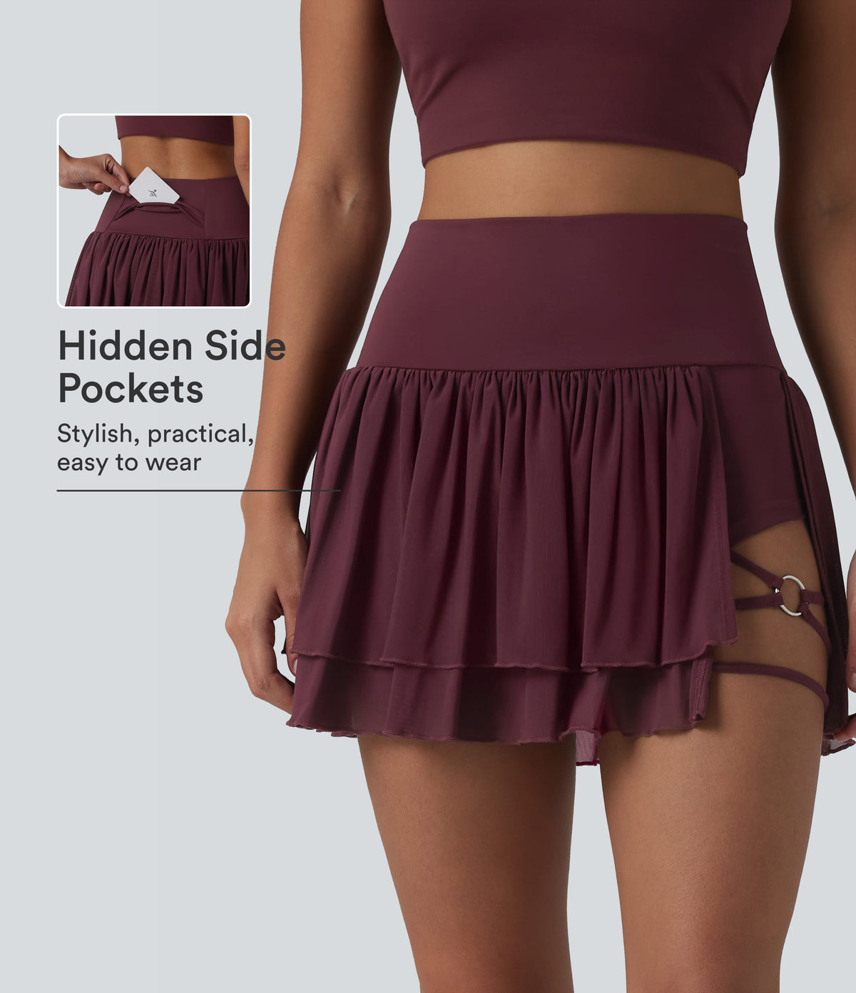 High Waisted 2-in-1 Asymmetric Hem Mini Breathable Mesh Dance Tiered Skirt with Pockets