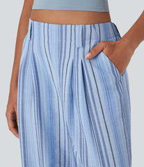 High Waisted Stripe Wide Leg Casual Linen-Feel Pants with Pockets
