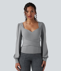 Sweetheart Neck Push-Up Puff Long Sleeve Work Top DD-F Cups