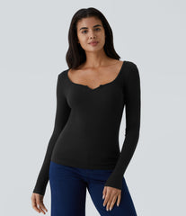 Ribbed Scoop Neck Long Sleeve Slim Casual Top