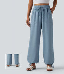 High Waisted Drawstring Wide Leg Casual Linen-Feel Joggers with Pockets
