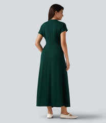 V-neck Batwing Short Sleeve Midi Casual Dress with Pockets