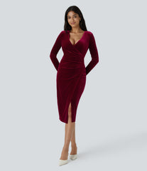 V Neck Long Sleeve Ruched Velvet Midi Casual Dress