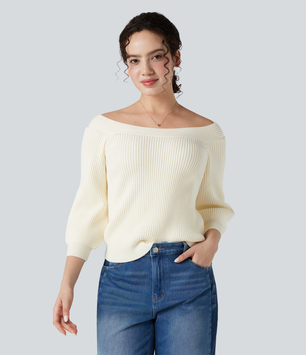 Off Shoulder Puff Sleeve Casual Sweater