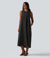 Round Neck Sleeveless Keyhole Back Stripe Midi Casual Dress with Pockets
