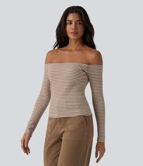 Ribbed Knit Off Shoulder Long Sleeve Stripe Built-in Bra Casual Top