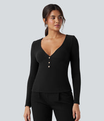 Ribbed Knit V-neck Long Sleeve Slim Heathered Casual Top