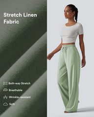 High Waisted Drawstring Wide Leg Baggy Casual Stretch Linen Pants with Pockets