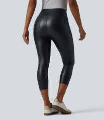 High Waisted Tummy Control Stretchy PU Casual Capri Leggings with Pockets