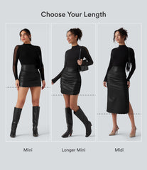 High Waisted Tummy Control Ruched Curved Hem 2-in-1 Fleece PU Mini Bodycon Party Skirt-Longer Length