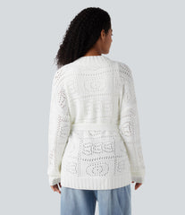 Open Front Long Sleeve Belted Sweater Knit Casual Cardigan