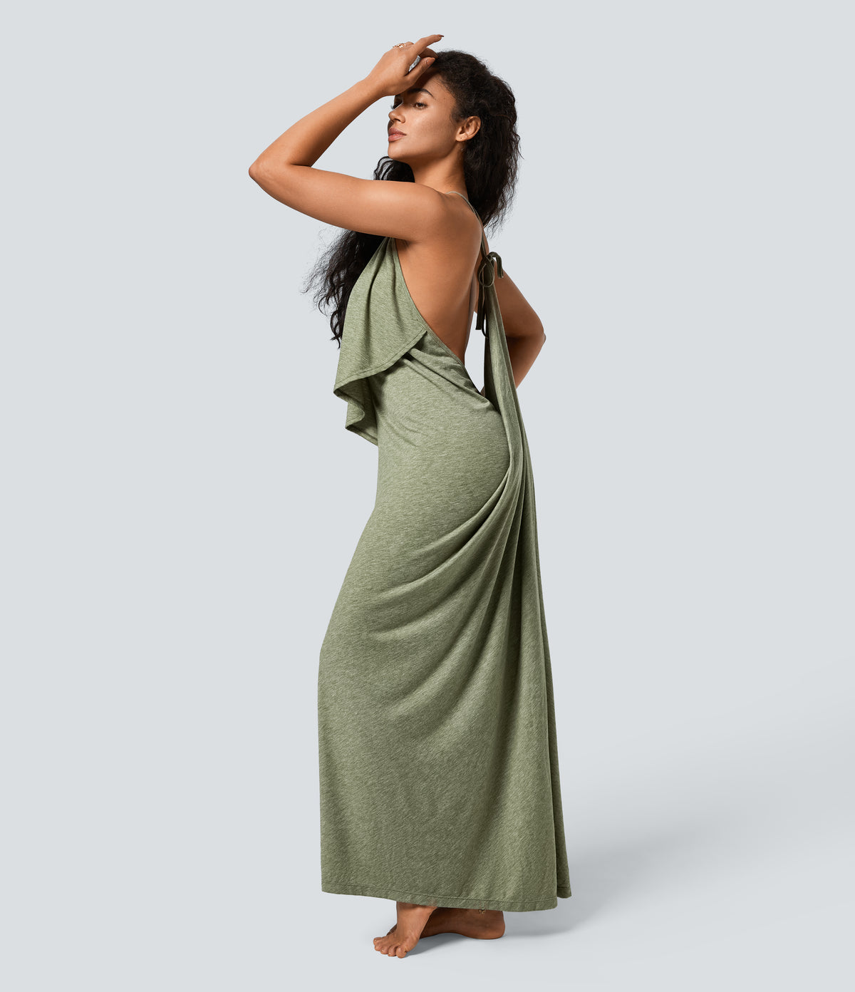 V Neck Tie Back Ruched Maxi Slip Dress