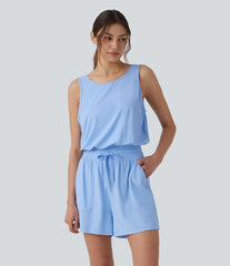 Round Neck Cut Out Drawstring InstantCool Yoga Romper with Pockets-UPF50+