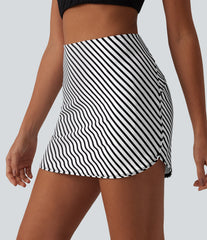 High Waisted 2-in-1 Curved Hem Stripe Mini Tennis Skirt with Pockets