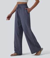 High Waisted Drawstring Plaid Crinkle Quick Dry Casual Wide Leg Pants with Zip Pockets