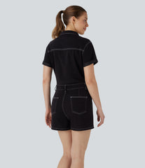 Halara Flex™ Short Sleeve Washed Denim Casual Utility Romper with Pockets