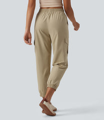 Mid Rise Drawstring Stretchy Poplin Casual Cargo Joggers with Pockets