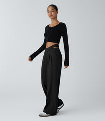 DayStretch V Shaped Mid Rise Cut Out Casual Baggy Pants with Pockets