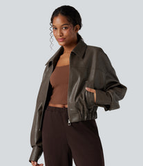 Zipper Long Sleeve Casual Faux Leather Jacket with Pockets