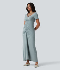 V-neck Short Sleeve Drawstring Ruched Maxi Casual Dress