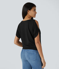 Boat Neck Short Sleeve Cut Out Casual T-Shirt