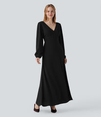 V-neck Bishop Long Sleeve Tie Back Split Maxi Bridesmaid And Wedding Guest Dress