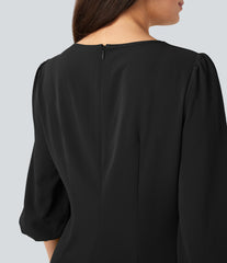 Round Neck Puff Sleeve Mini Work Linen-Feel Dress