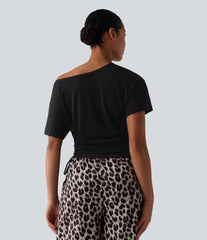 One Shoulder Short Sleeve Drawstring Casual Wool-Blend T-Shirt