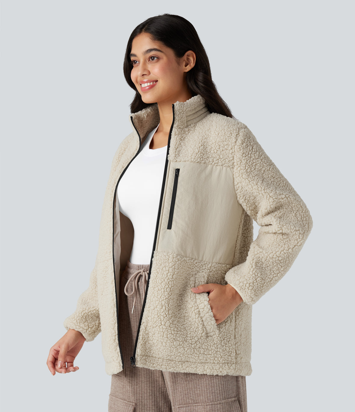 Stand Collar Zip Fly Relaxed Hiking Teddy Jacket with Pockets