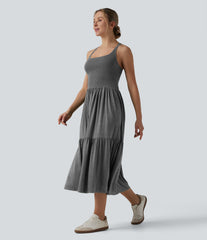 U Neck Shirred Racerback Midi Casual Dress with Pockets