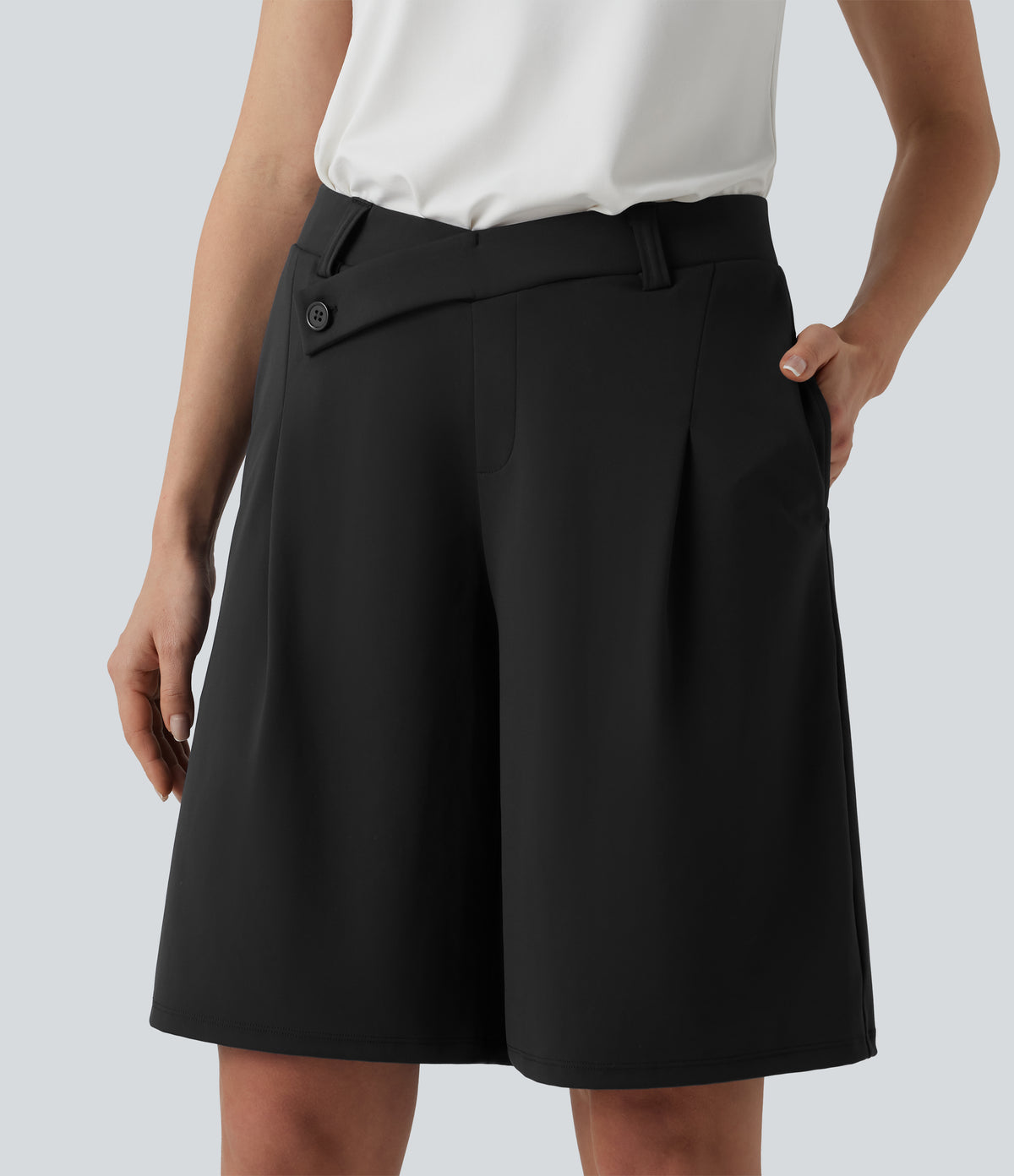 DayStretch Asymmetric Mid Rise Work Bermuda Shorts 10'' with Pockets
