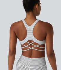 Light Support Racerback Crisscross Stripes Built-in Bra Yoga Sports Bra