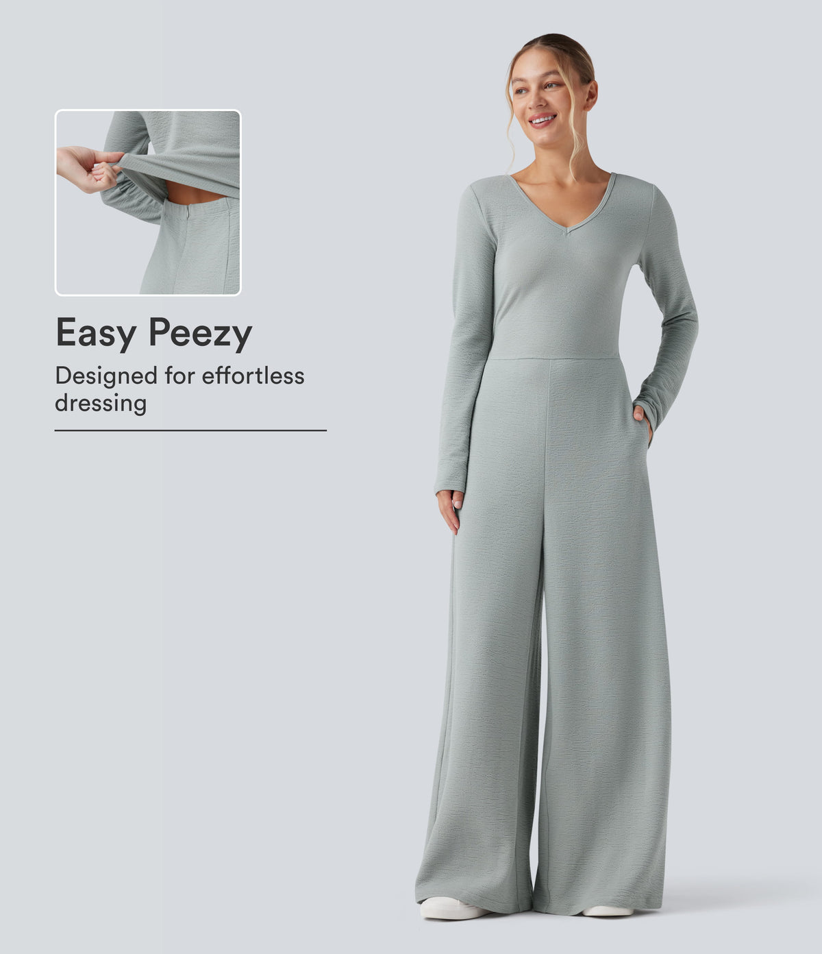 V Neck Long Sleeve Casual Jumpsuit with Pockets-Easy Peezy Edition