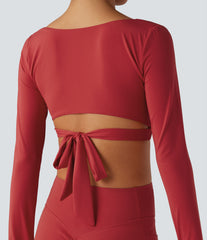 Deep V-neck Long Sleeve Thumb Holes Tie Back Cropped Casual Sports Top