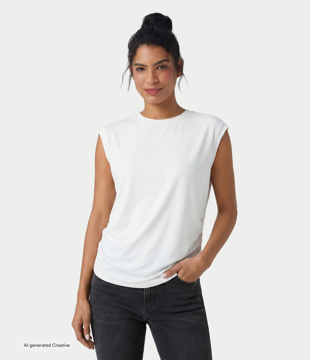 Round Neck Cap Sleeve Ruched Casual T-Shirt
