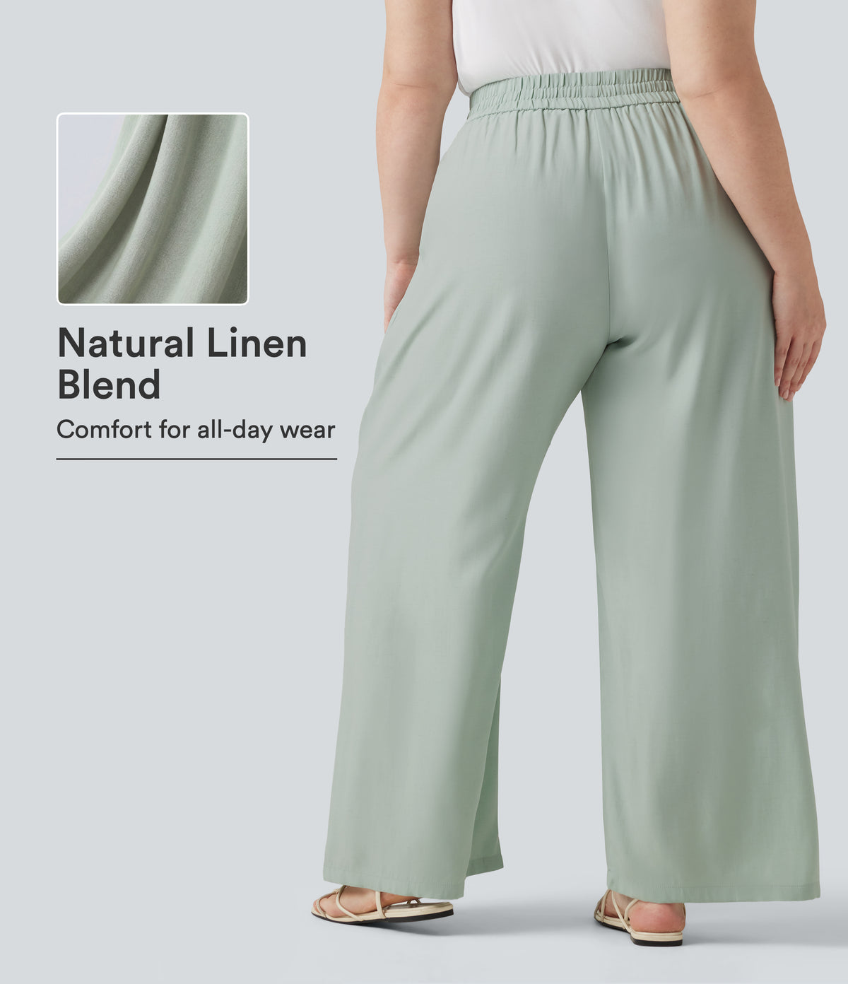 Plus Size High Waisted Drawstring Wide Leg Casual Linen-Blend Pants with Pockets