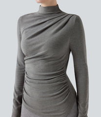 Mock-neck Long Sleeve Ruched Asymmetric Hem Thermal Casual Top