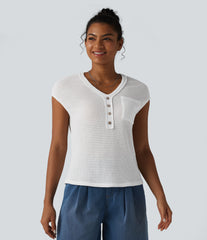 V-neck Cap Sleeve Waffle Casual Top with Pocket