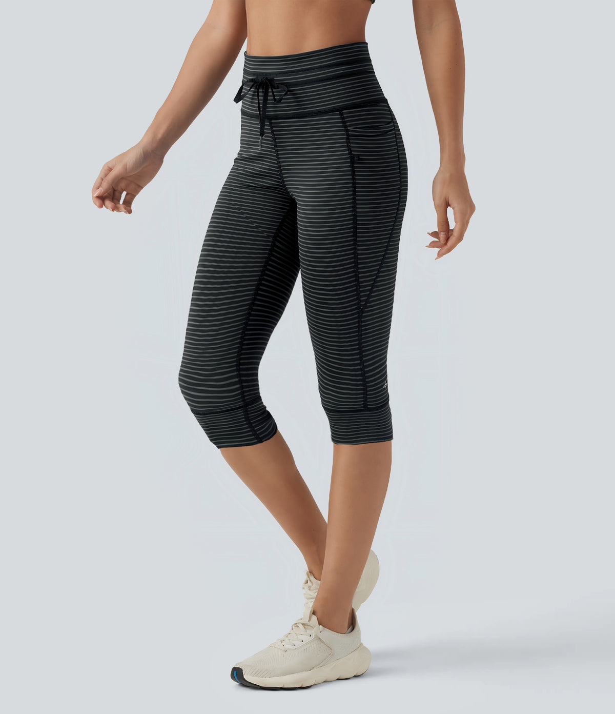 High Waisted Drawstring Stripe Pedal Pusher Yoga Leggings with Pockets