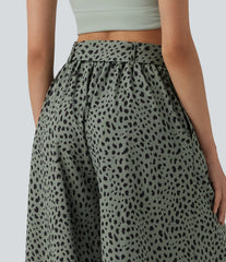 High Waisted Tie Front Wide Leg Baggy Leopard Print Casual Pants with Pockets