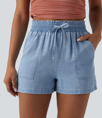 High Waisted Drawstring Frill Trim Draped Denim Casual Baggy Shorts with Pockets