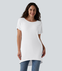 Boat Neck Short Sleeve High-Low Longline Casual T-Shirt with Pockets