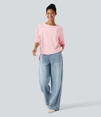 Round Neck Long Sleeve Curved Hem Waffle Casual Top