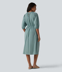 V Neck 3/4 Sleeve Midi Casual Linen-Feel Dress with Pockets